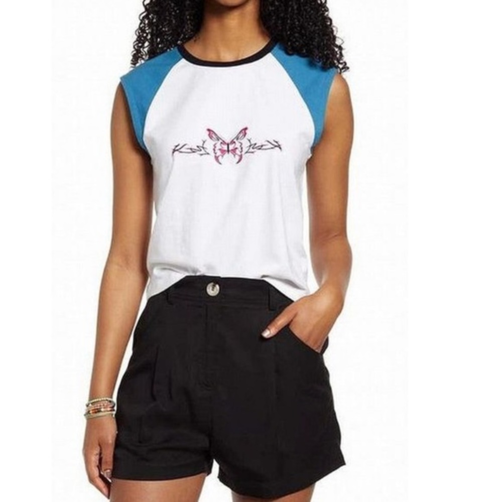 BP Blue Tank Top Cap-sleeve Butterfly Stamp tank 90s tank xs
